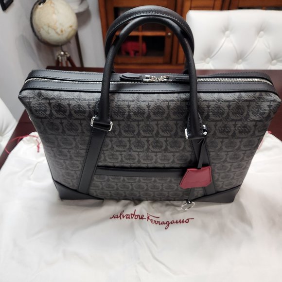 Ferragamo Gancini Logo Pattern Leather Briefcase - Picture 1 of 12